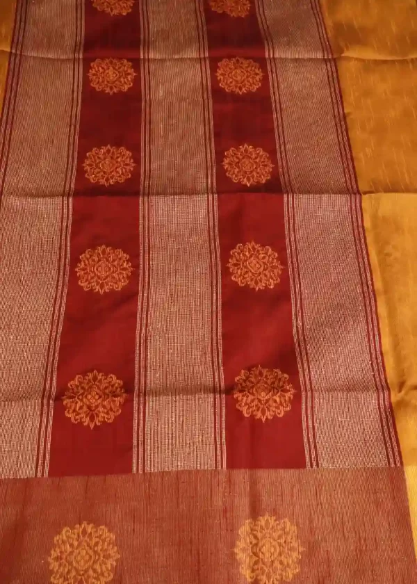 "Elegant orange and turmeric yellow hand-woven saree, crafted beautifully." - Image 3