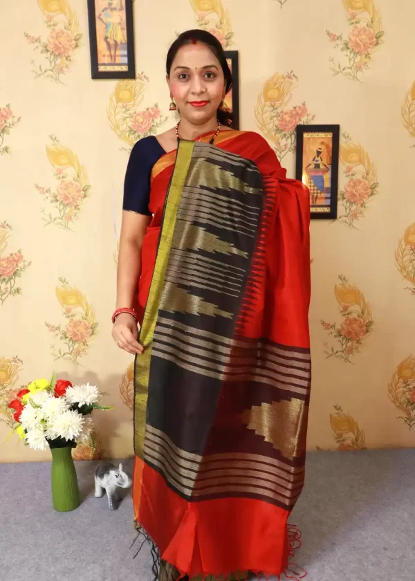 "Red temple stripe art silk saree with intricate pallu design." - Image 2