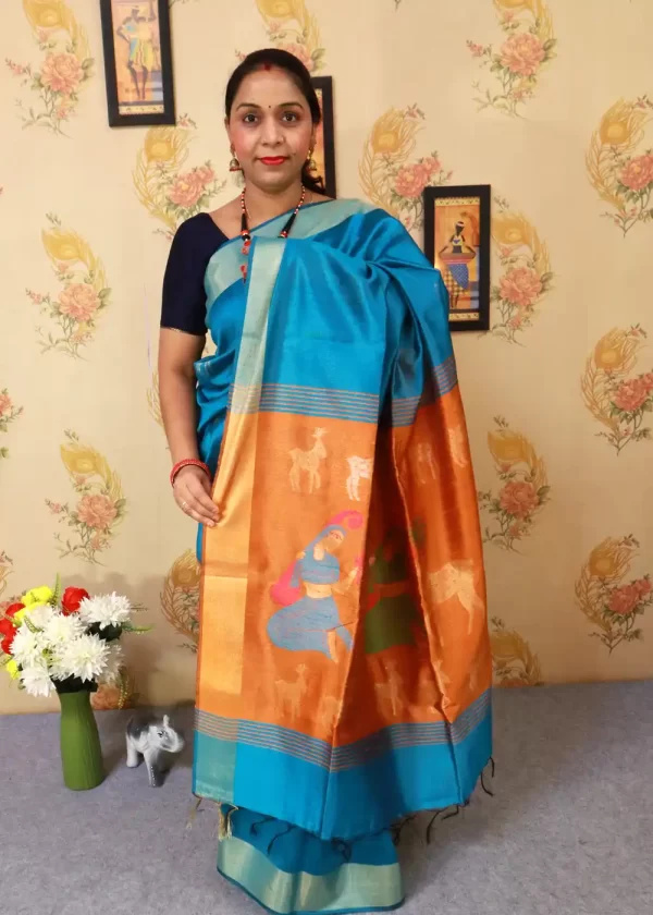 "Graceful sky blue art silk saree with mesmerizing pallu." - Image 2