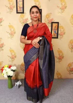 Elegant Red Blue Handwoven Saree with Designer Square Pallu